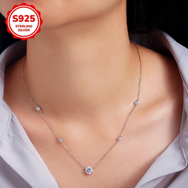 Women's 925 Sterling Silver Chain Necklace with Synthetic Zirconia Inlay
